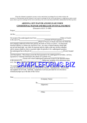 Arizona Conditional Waiver And Release On Final Payment pdf free