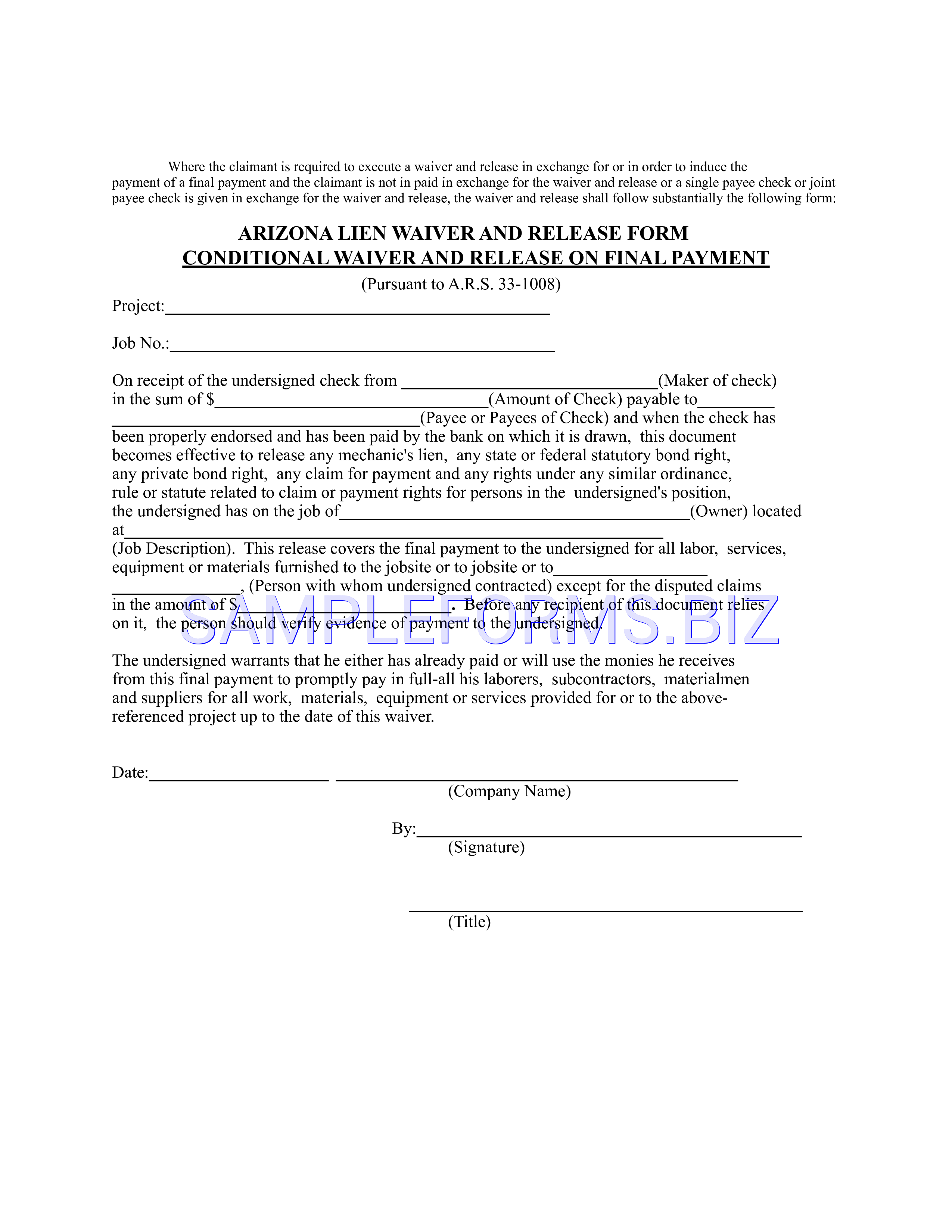 Preview free downloadable Arizona Conditional Waiver And Release On Final Payment in PDF (page 1)