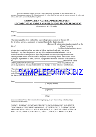 Arizona Unconditional Waiver And Release On Progress Payment pdf free