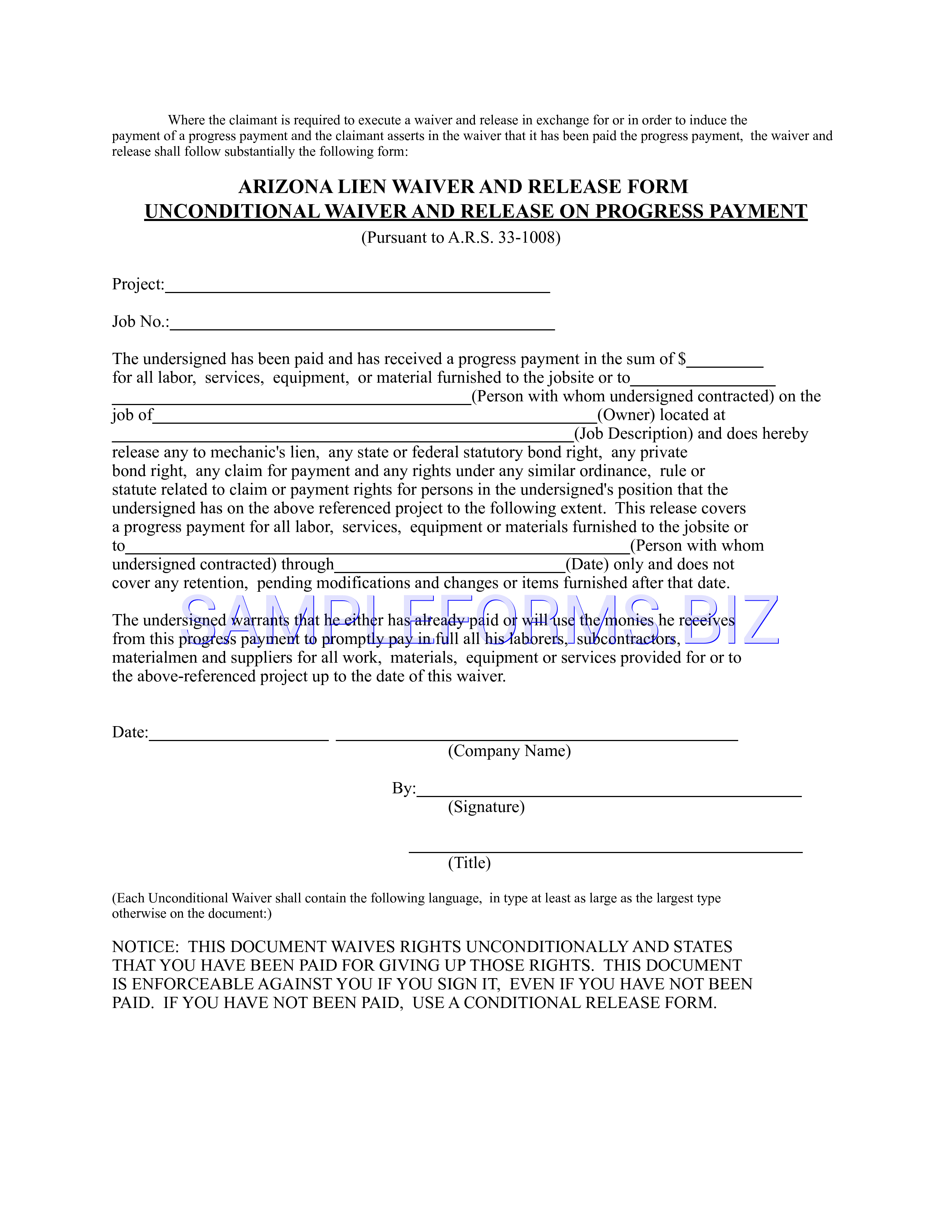Preview free downloadable Arizona Unconditional Waiver And Release On Progress Payment in PDF (page 1)